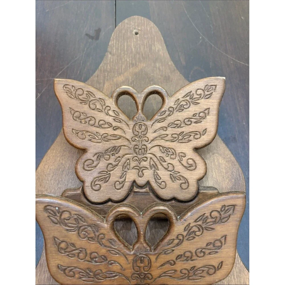 Vintage Wooden 3 Butterfly Wall Hanging Carved Mail Bill Key Letter Holder